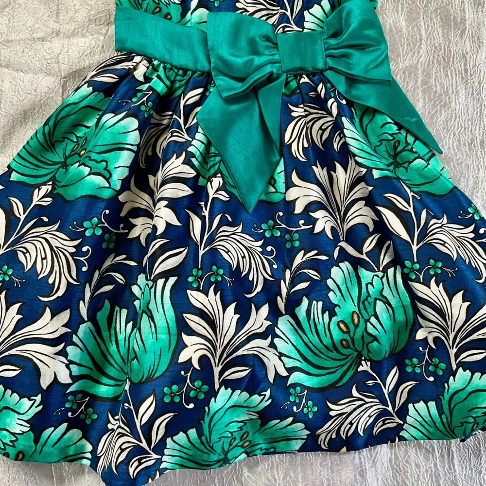 Gymboree‎ Dressed Up Girls Teal Navy Floral Glitter Party Dress Bow Size 6 Fancy
